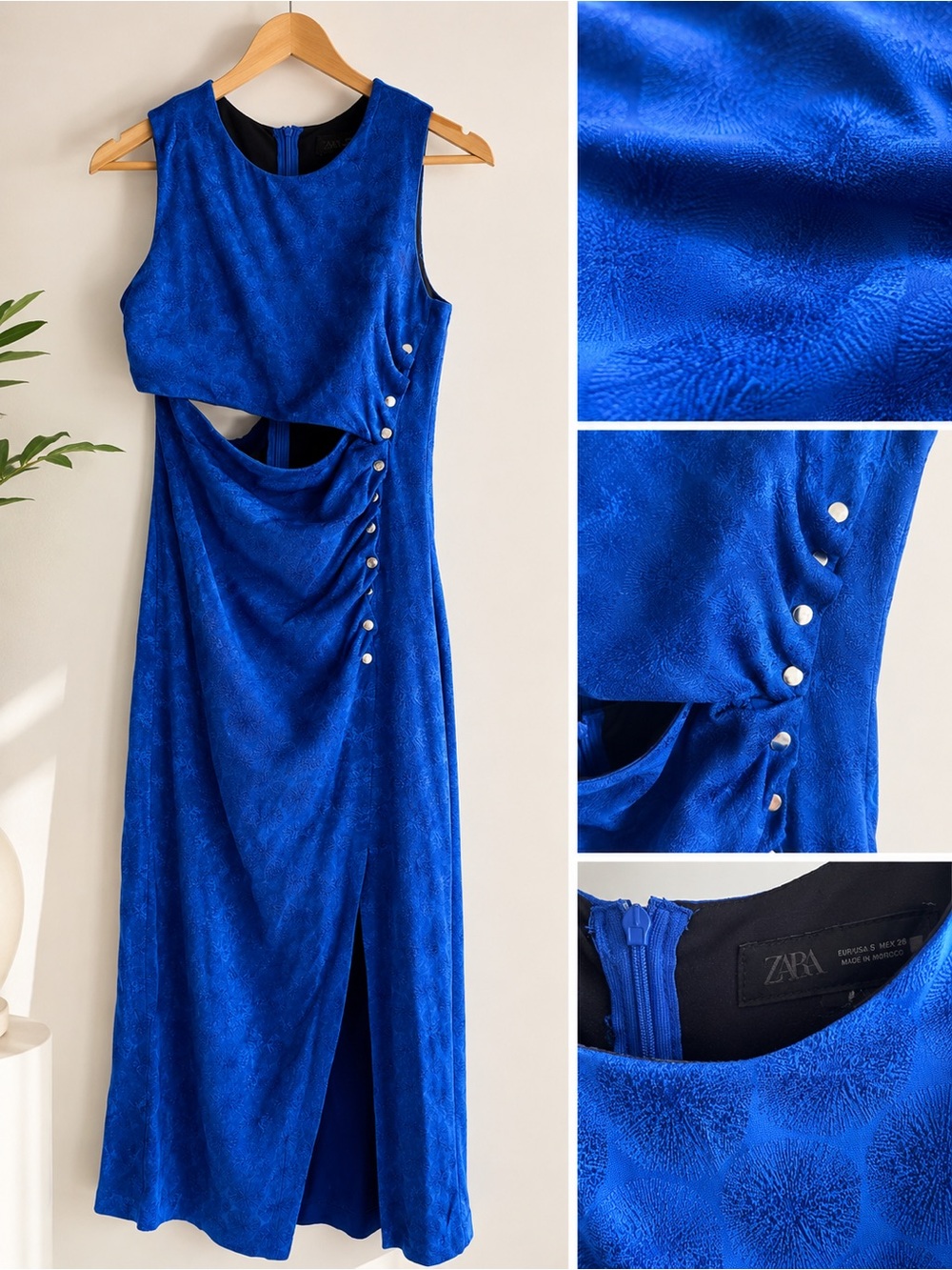 Zara Cobalt Blue Cutout Maxi Dress with Side Button Detail